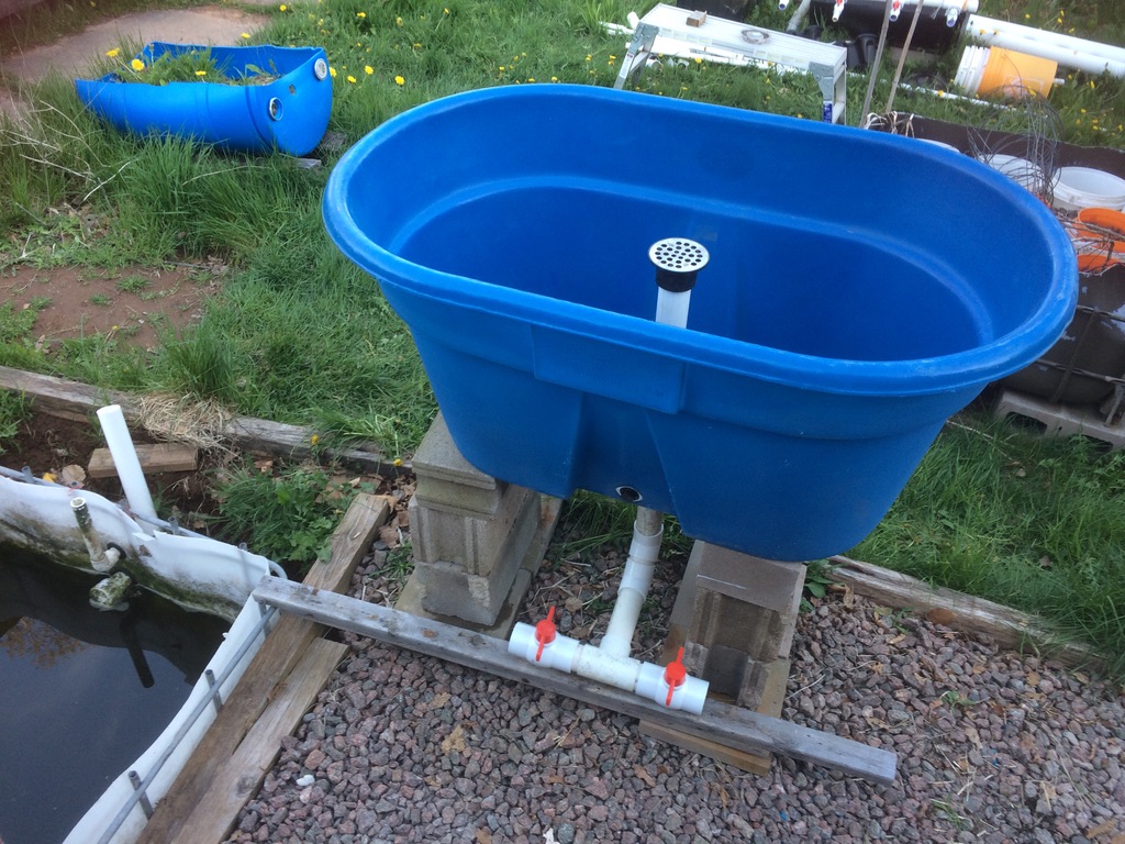 730L Livestock tank on cinder blocks.  50mm SCH40 PVC pipe for stand pipe and valves. The new aquaponics fish tank.